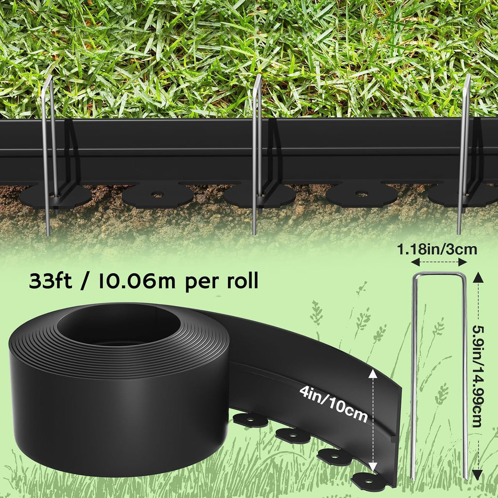 Bluepro Landscape Edging, 4 Inch 33 ft Garden Edging Border Kit with 50 Steel Stakes (Strong) & Reinforced Design