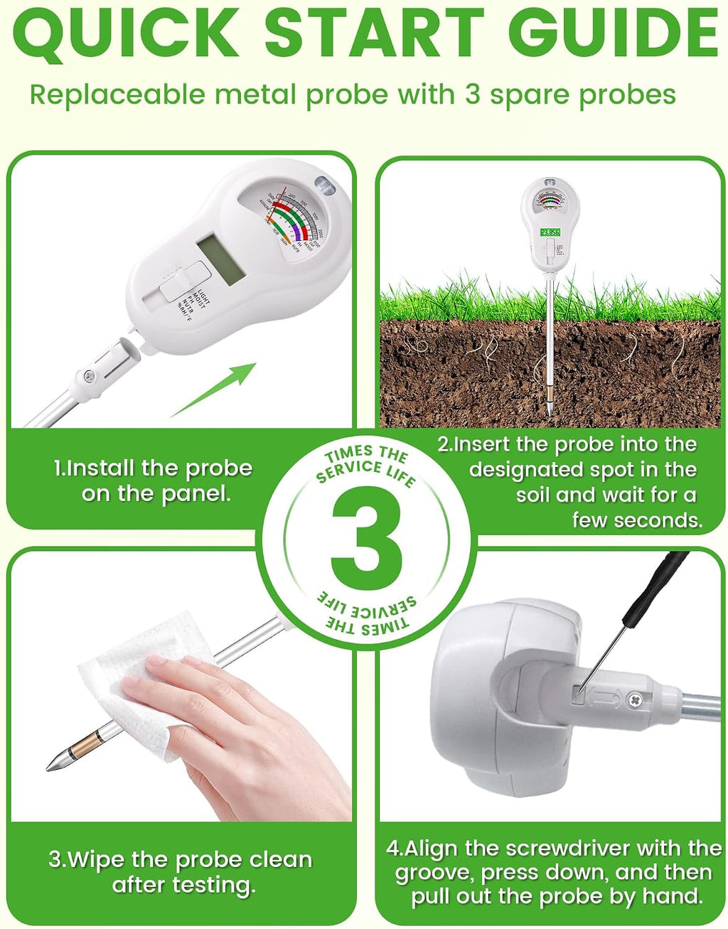 6-in-1 Soil Moisture Meter with 3 Probes, PH/Sunlight/Soil Moisture/Fertility with 3 Removable Probe, Digital Air