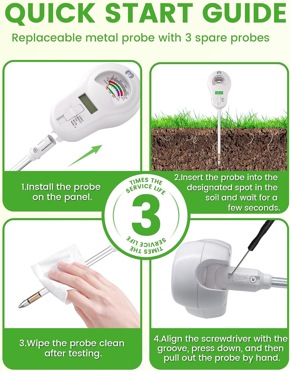 6-in-1 Soil Moisture Meter with 3 Probes, PH/Sunlight/Soil Moisture/Fertility with 3 Removable Probe, Digital Air