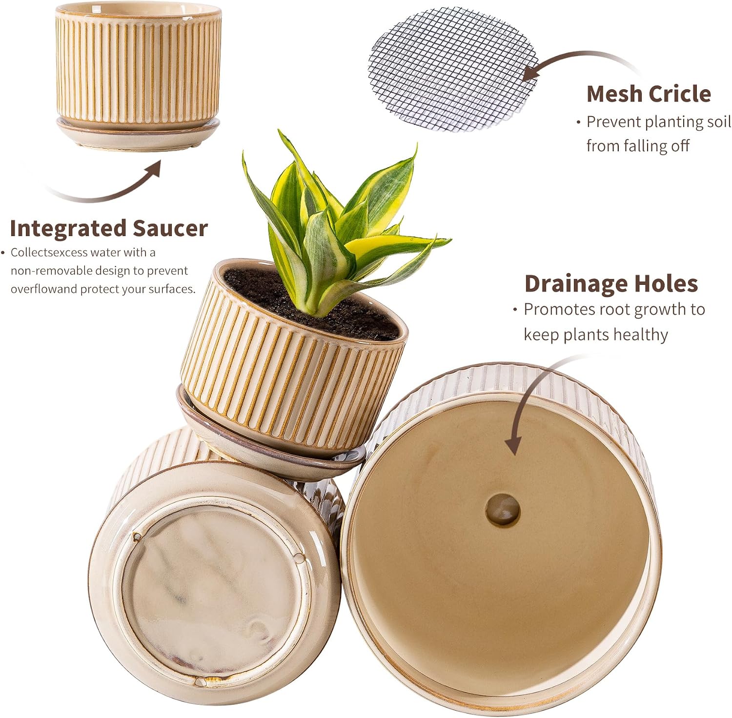 SURE YUESI Ceramic Plant Pots Set of 3, Indoor Outdoor Planters with Drainage Hole and Saucer, Ceramic Flower Pots for
