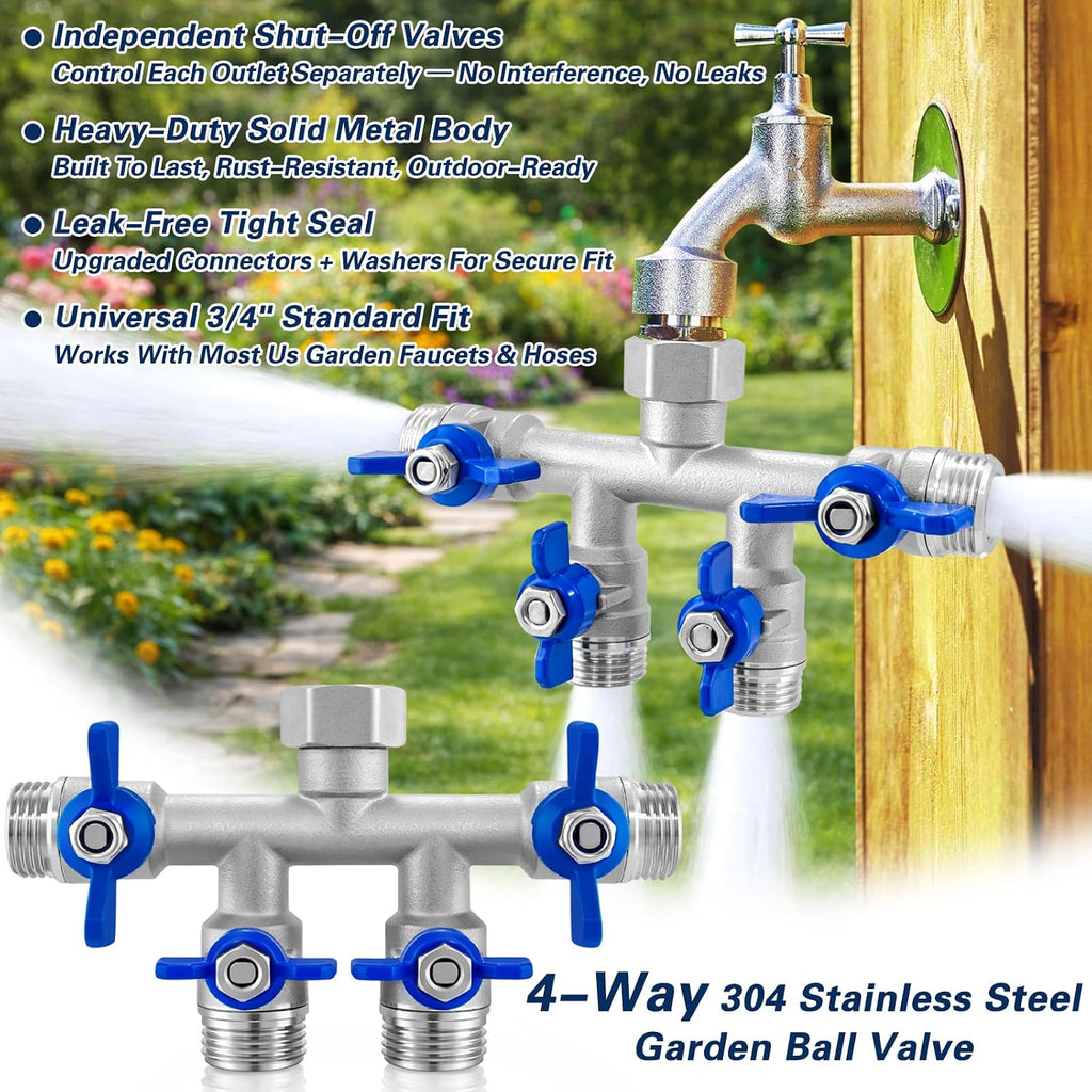 4 Way Garden Hose Splitter, 304 Stainless Steel Hose Splitter with 4 Shut-Off Valves, Heavy Duty Outdoor Faucet