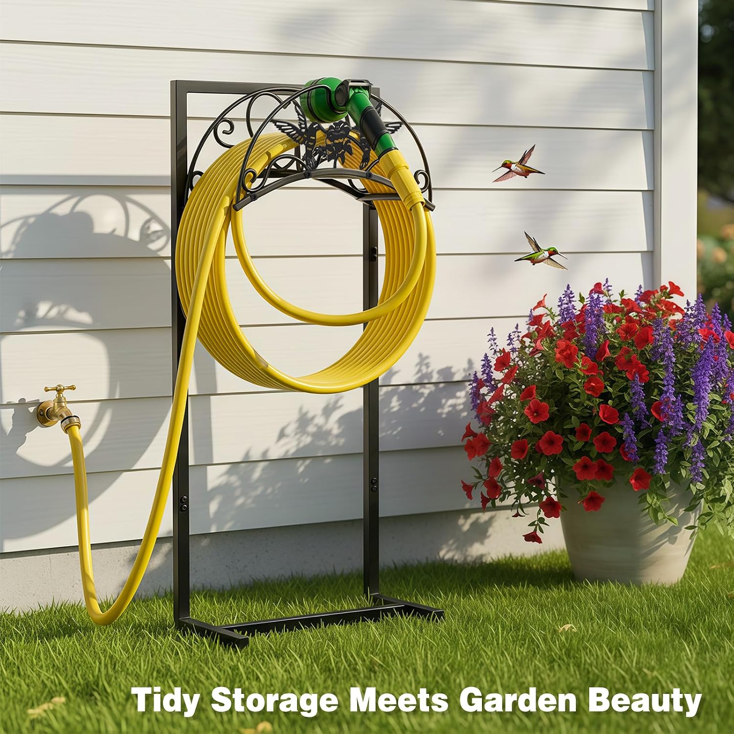 Garden Hose Holder - Upgraded Electrophoretic Coating Anti-Rust Graden Hose Storage Rack with Hummingbird Pattern Holds
