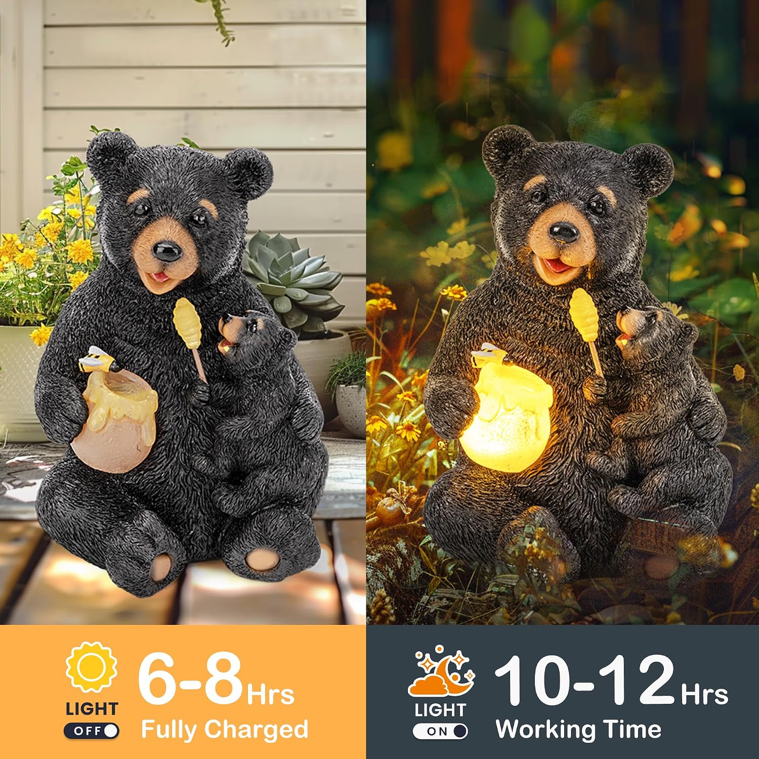 GIGALUMI Solar Garden Statues Bears 9" Black, Yard Decorations Outdoor | Loving Black Bear Decor, Bear Figurine Lights