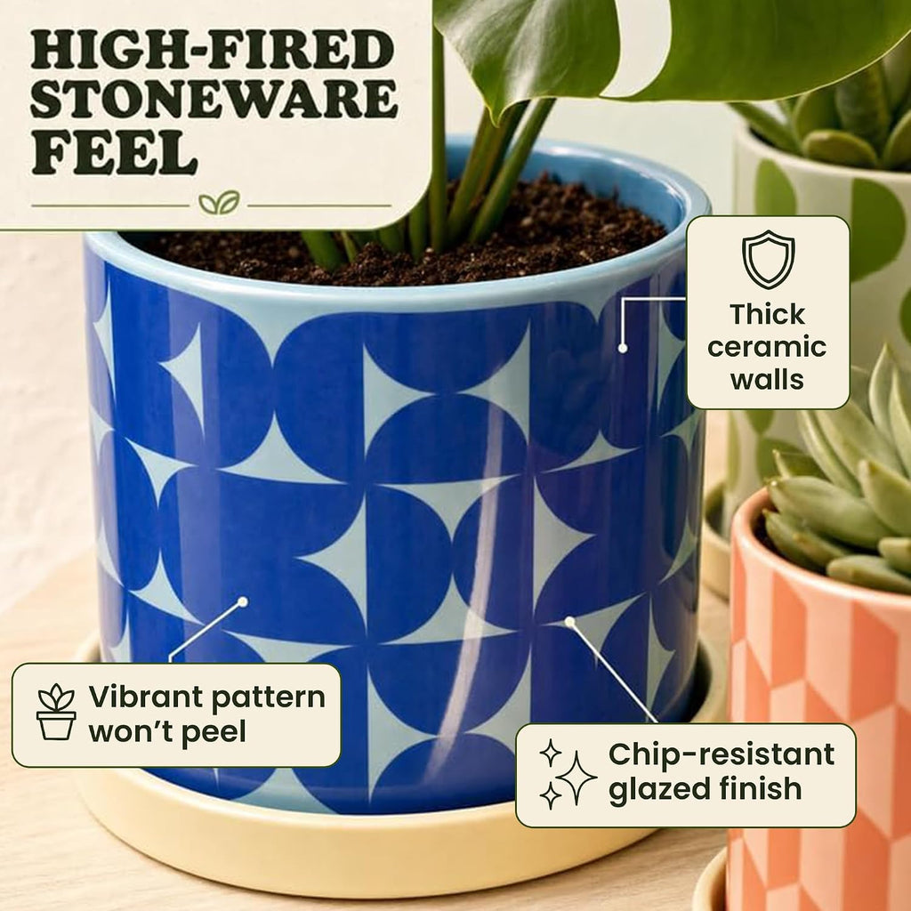 Ceramic Plant Pots, Indoor Planters - Set of 3 | Flower Pots for Plants with Drainage Hole & Saucer, Geometric Home