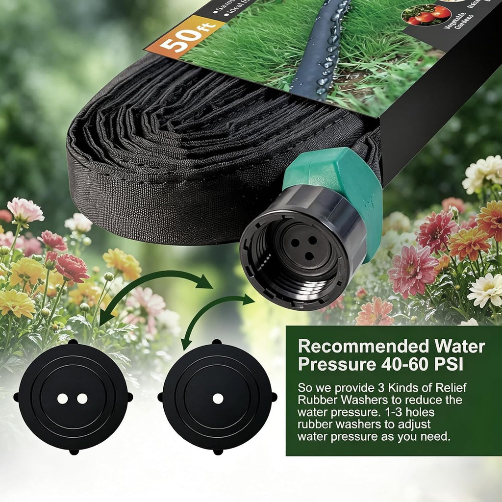 Flat Soaker Hose 25 ft 3-Pack with Splitter, 80% Water-Saving Drip Irrigation Hose 75 ft, Linkable DIY Garden Soaker