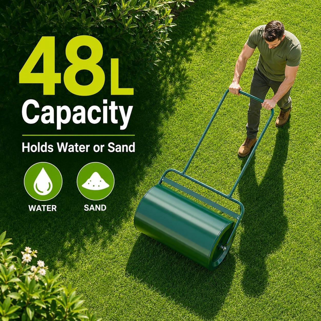 Lawn Roller, Heavy-Duty Push/Tow Behind Water/Sand Filled Garden Drum Roller for Park, Garden, Yard, Ball Field