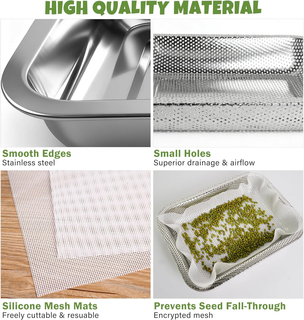 2 Pack Stainless Steel Seed Sprouter Trays, 2-Tier Soil-Free Microgreens Growing Kit, Sprouting Tray with Cover Lids &