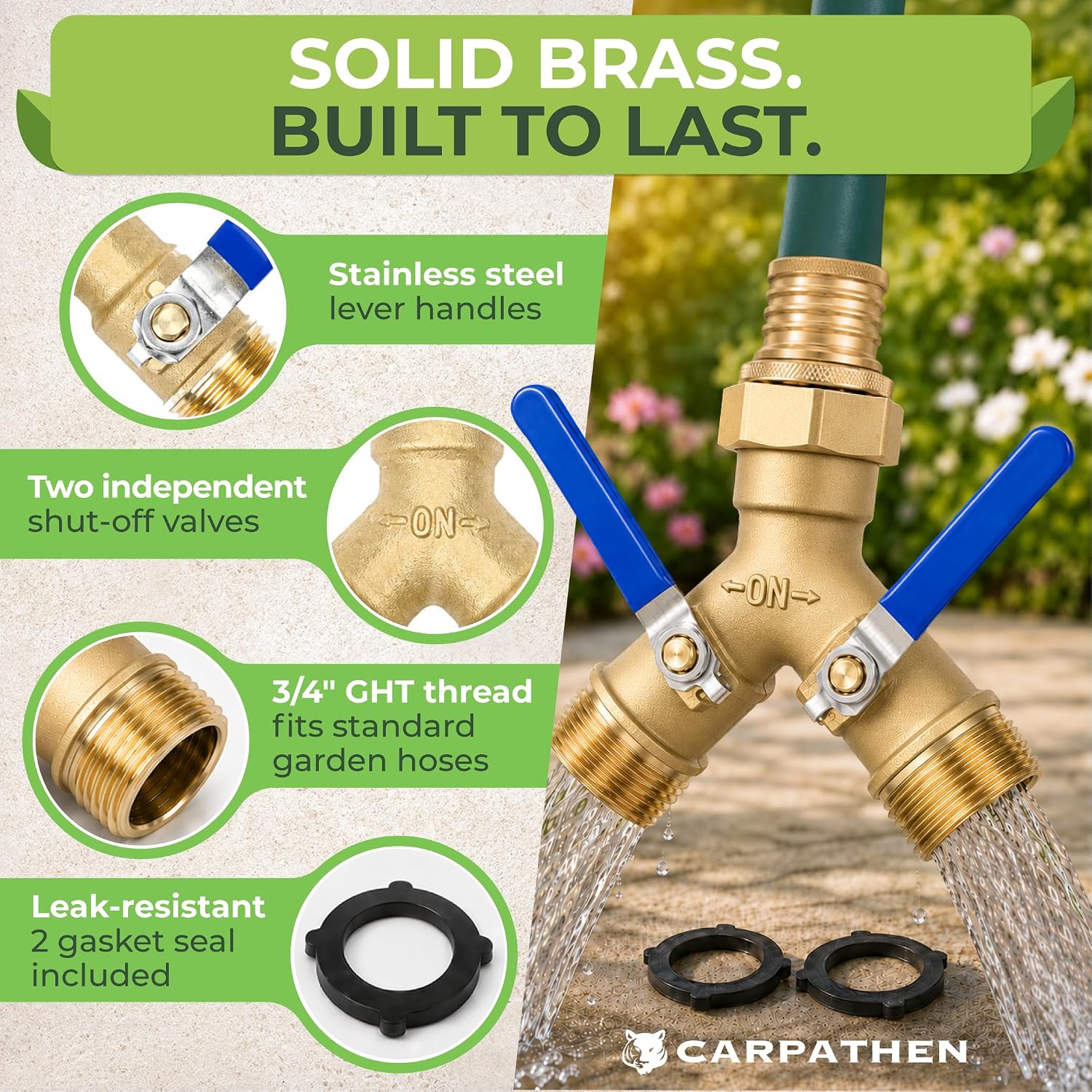 3/4" Standard 2 Way Garden Hose Splitter, Solid Brass Body | For Garden, Washing Machines, Indoor or Outdoor Faucets
