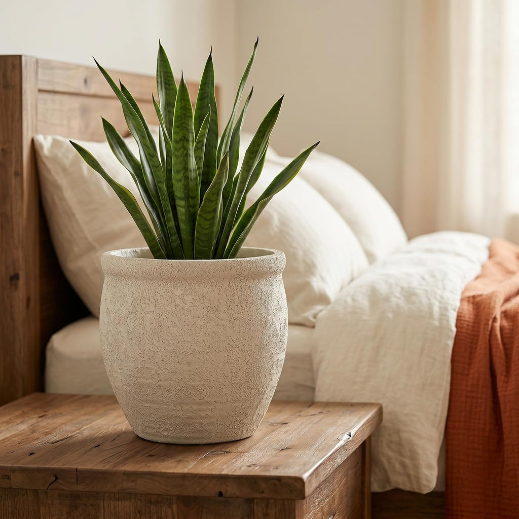 9" Dia Fiberstone Planter – Modern Farmhouse Indoor/Outdoor Flower Pot, Beige Decorative Plant Pot with Grainy Matte