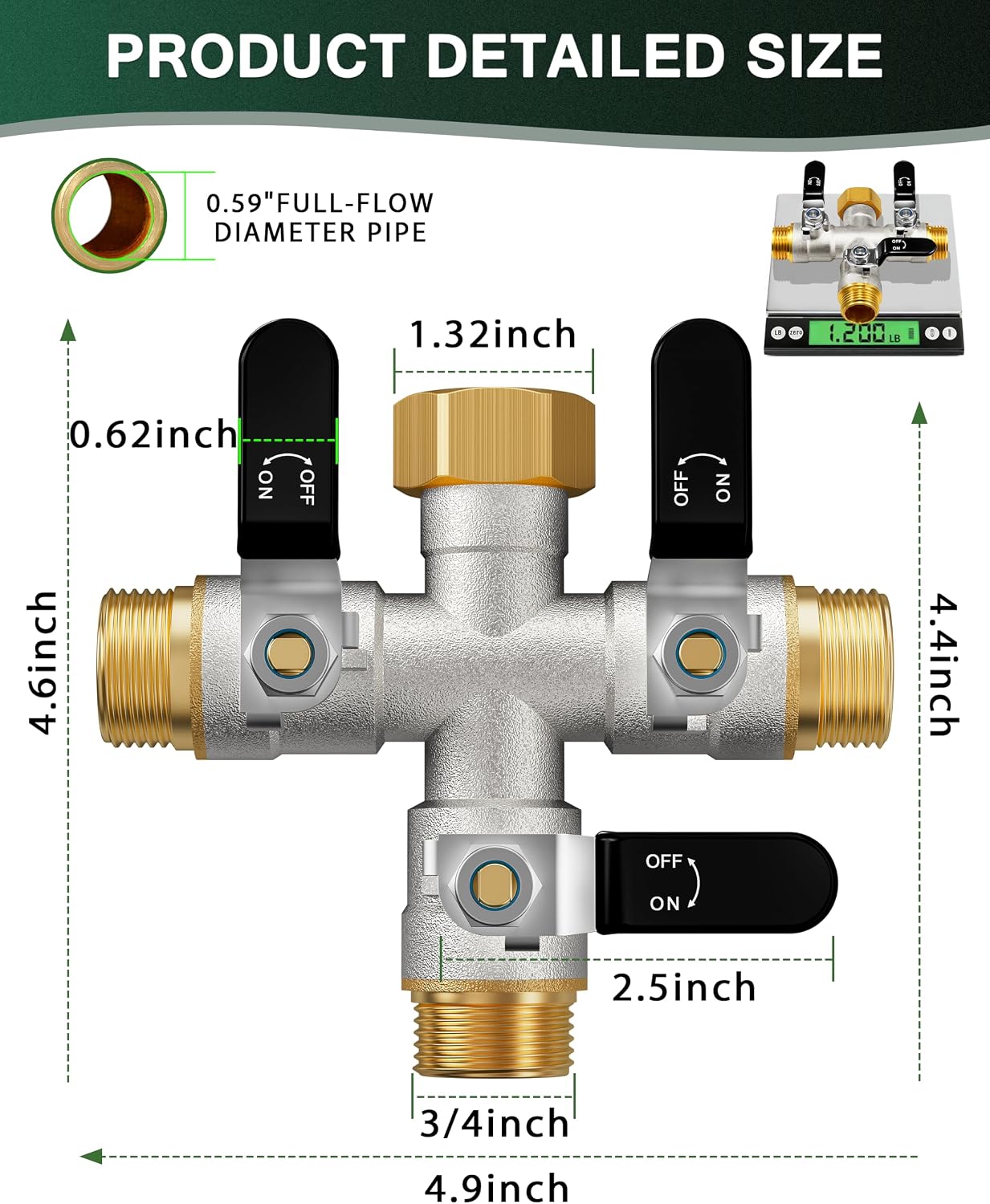 3 Way Hose Splitter, Heavy Duty Brass Garden Water Hose Splitter | Full Flow Design, Rust-Resistant Nickel-Plated