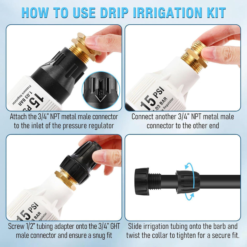 2 Pack Drip Irrigation Pressure Regulator Kit, 15 PSI | 15 PSI Pressure Regulator, Water Backflow Preventer for 3/4"