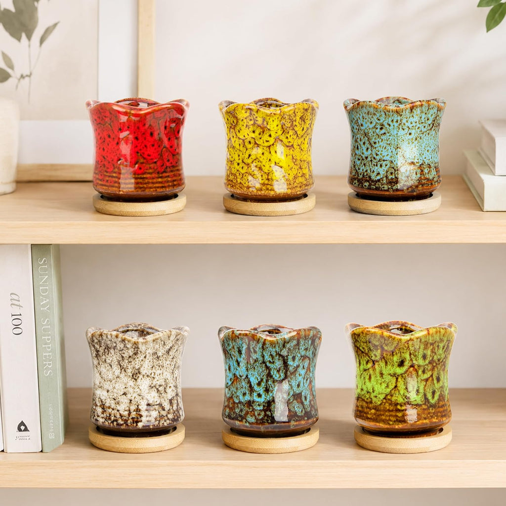 Succulent Pots with Drainage Tray, Cute Ceramic Pots for Plants Set of 6