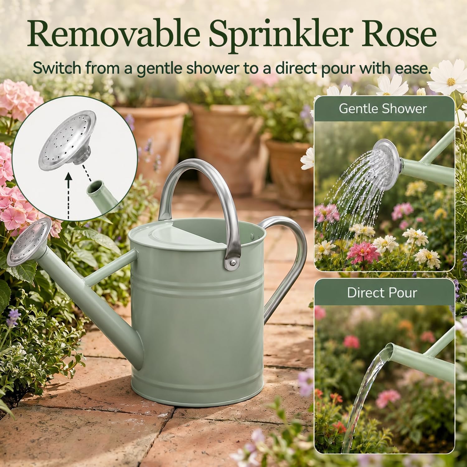 1 Gallon Metal Watering Can for Indoor Outdoor Plants, Cream Green | Removable spout switches between gentle shower and