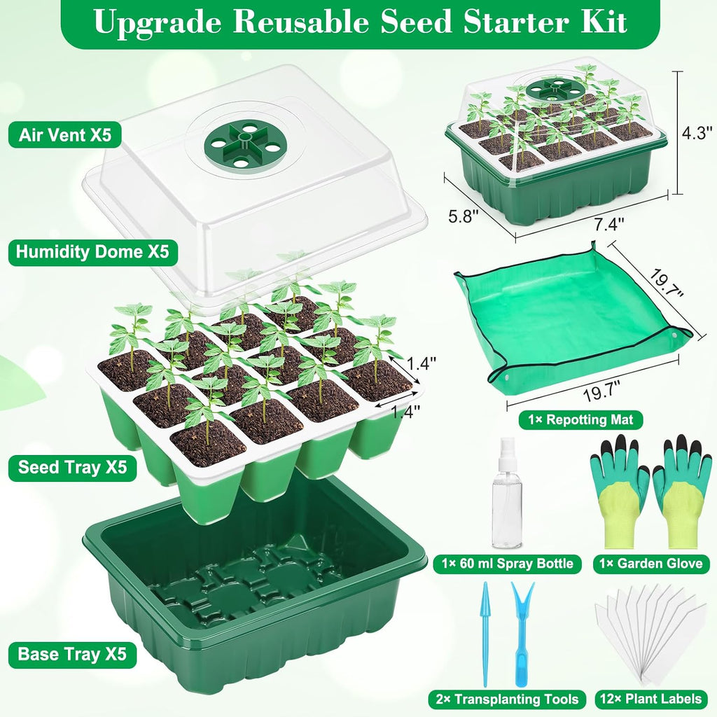 Reusable Silicone Seed Starter Tray, 60 Cells Seed Starter Kit with Humidity Adjustable Dome and Lid, Plant Germination