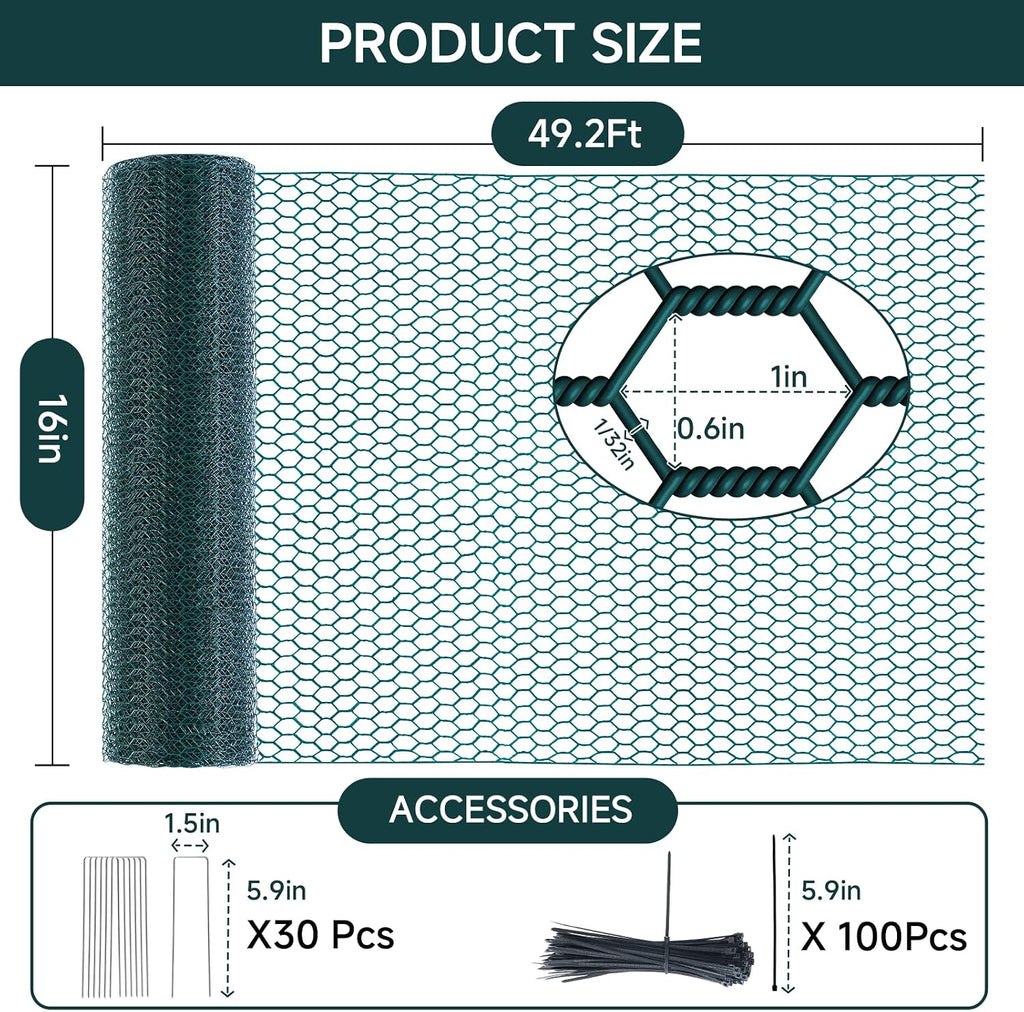 16in X 49.2Ft Chicken Wire Fencing Plant Protectors from Animals Green Roll | Anti-Rust Chicken Wire Mesh Hexagonal PVC