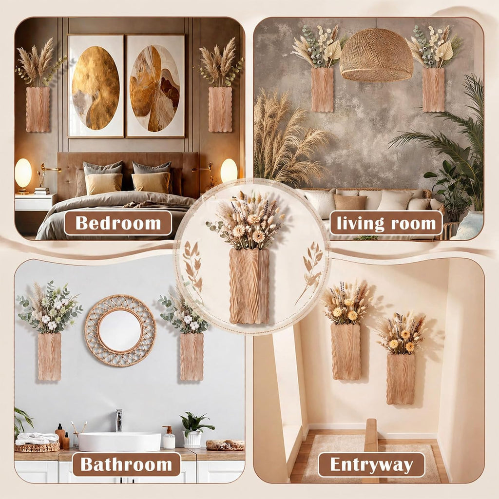 2 Pack Scalloped Wood Wall Planter Vases Rustic Hanging Pocket Planters for Indoor Fake Plants & Dried Flowers Modern
