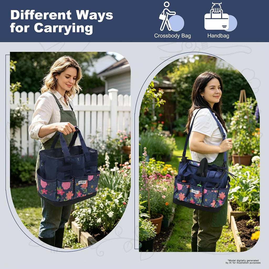 Hard Bottom Floral Garden Tool Tote Bag with Shoulder Strap | Gardening Tote Organizer with 8 pockets, Padded Handles