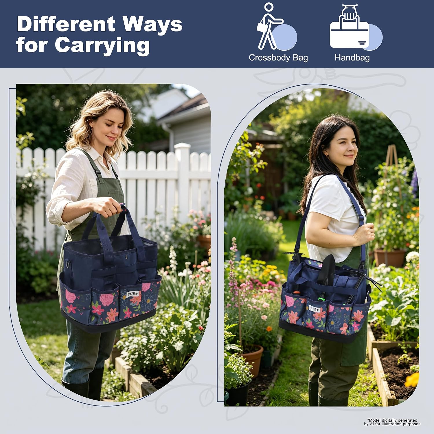 Hard Bottom Floral Garden Tool Tote Bag with Shoulder Strap | Gardening Tote Organizer with 8 pockets, Padded Handles