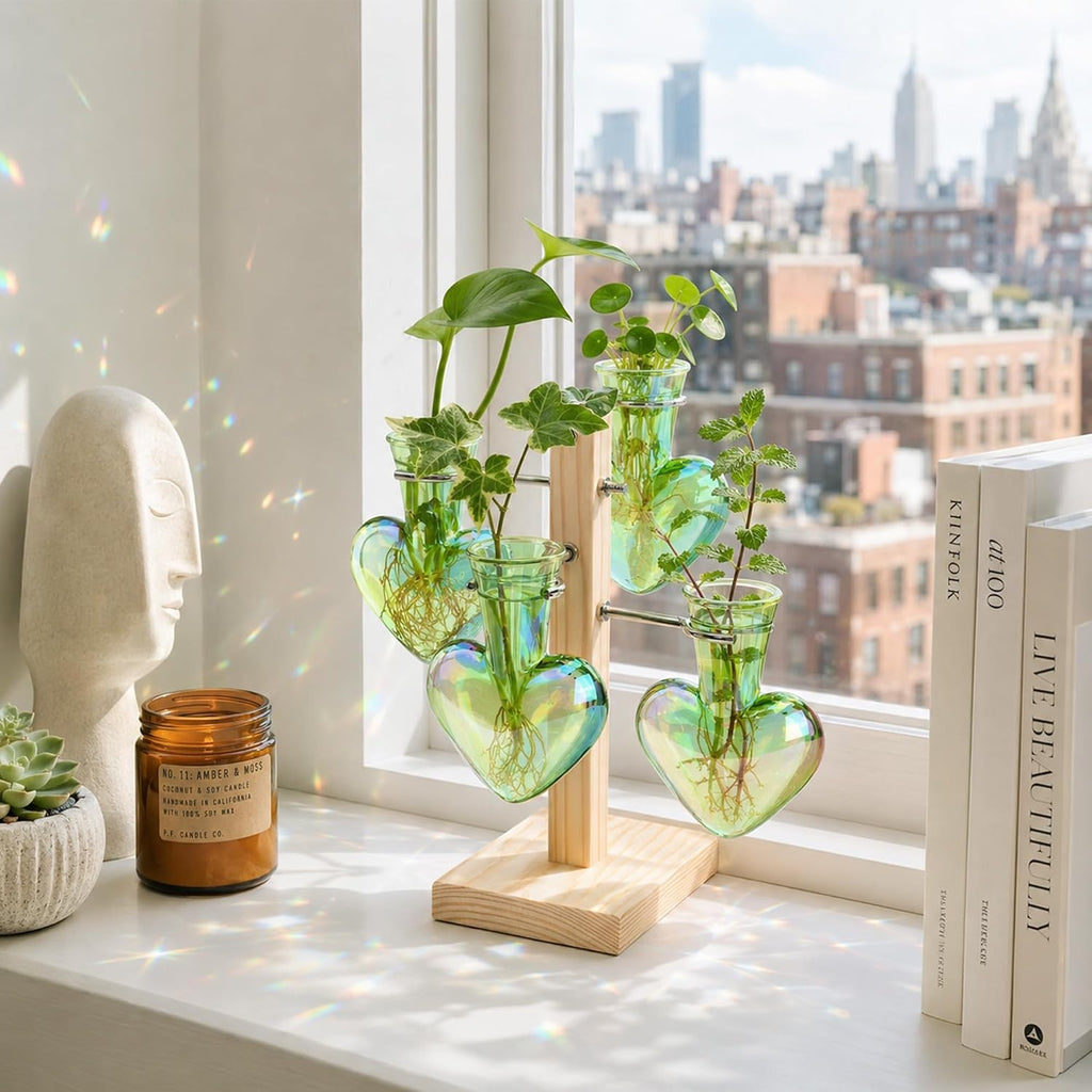 Plant Terrarium Propagation Stations: Green Vase with Wooden Stand | 4 Irised Crystal Glass, Heart Shaped, Home Table