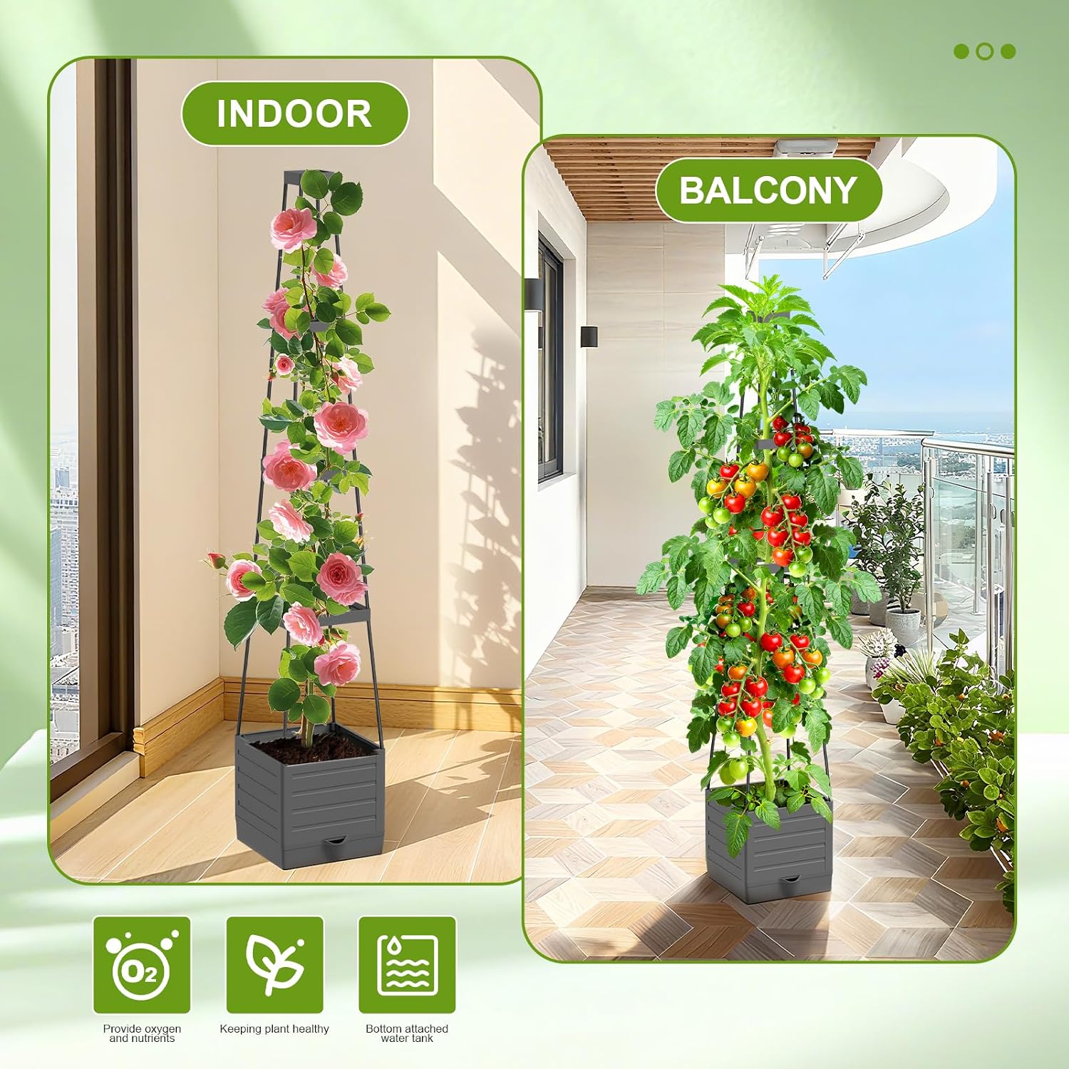 2 Pack Raised Garden Bed Tomato Planter with Trellis, 57" Tomato Cage Plant Support Planters, Self-Watering Planter for