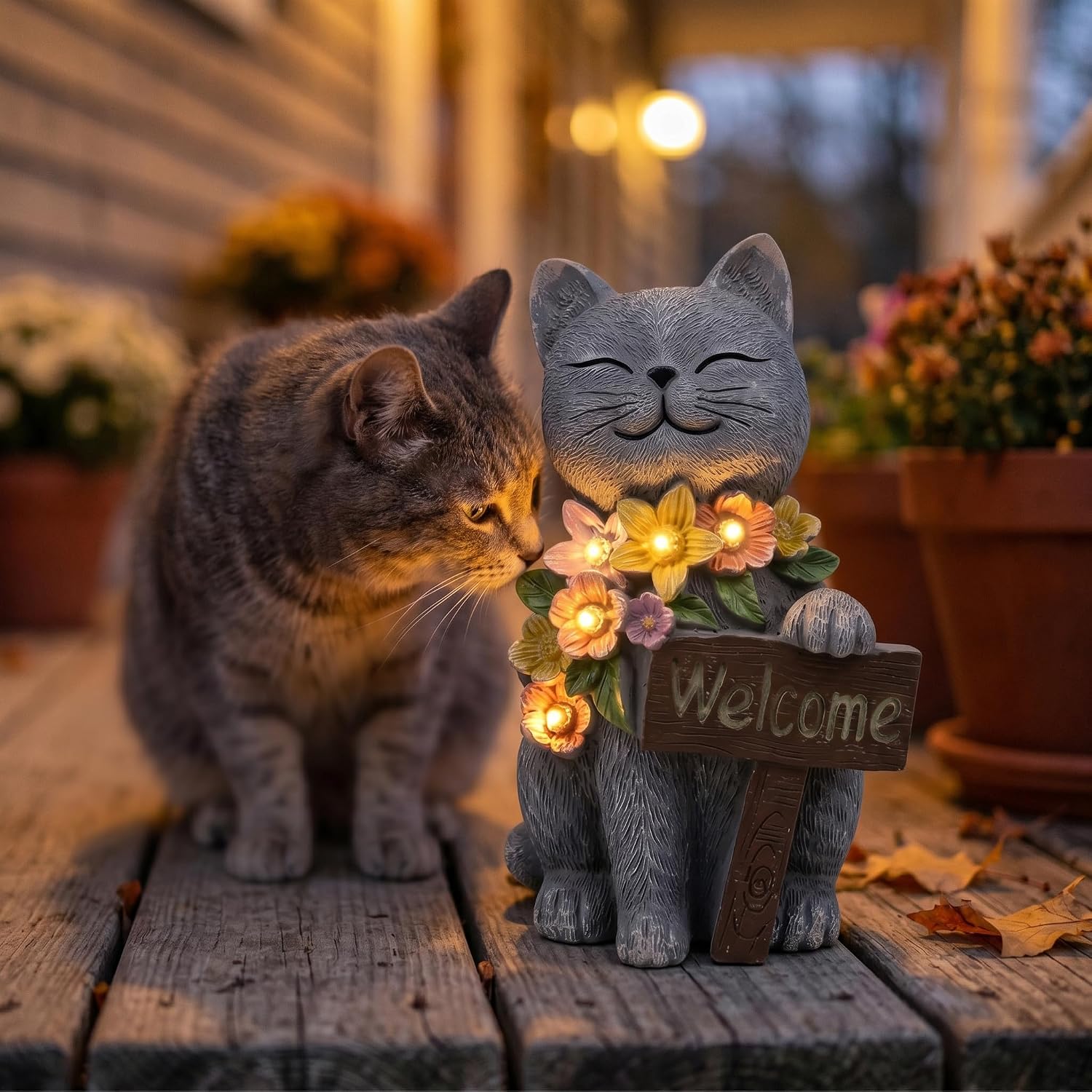Solar Cat Garden Statue for Outdoor Decor, Cat Solar Light | Resin Welcome Cat with Flowers for Garden, Yard, Lawn