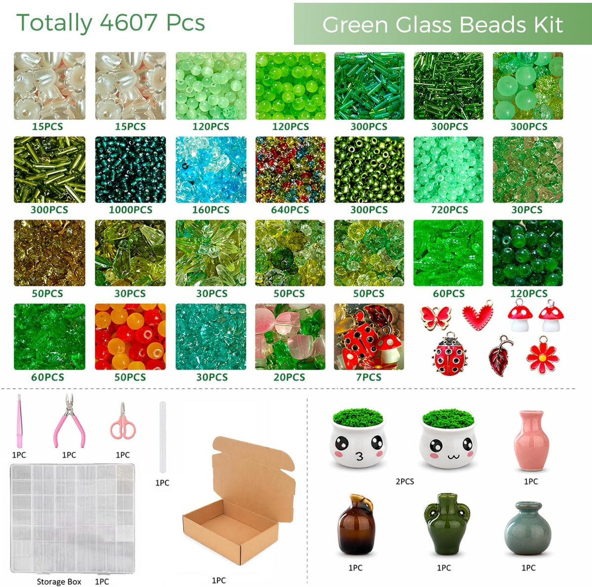 Vittqsuier 4607pcs DIY Green Glass Beads Plant Kit, Includes 4 Mini Vase Magnets for Fridge, 2 Plant Pots, Perfect for