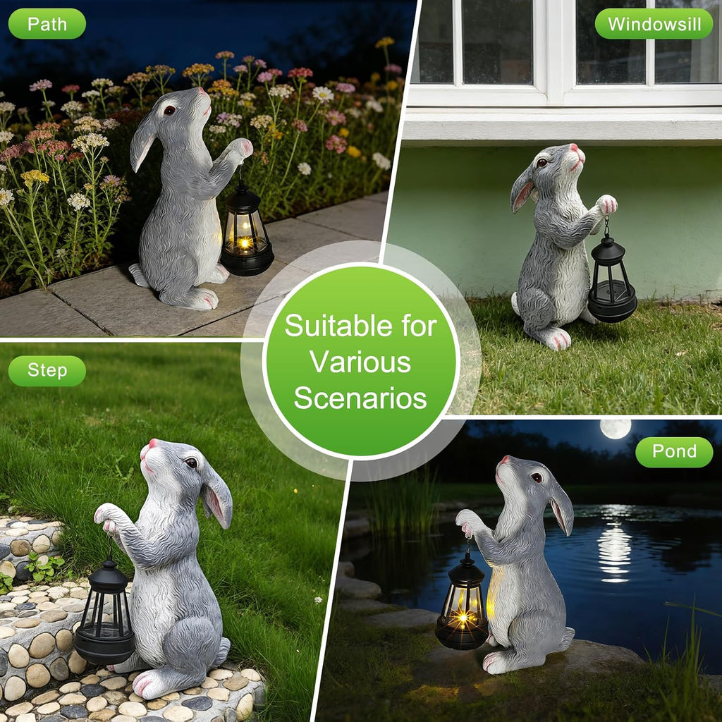 11.8 Inch Solar Rabbit Statue with Glowing Lantern, Handcrafted Resin Easter Bunny Figurine, Waterproof Outdoor Garden
