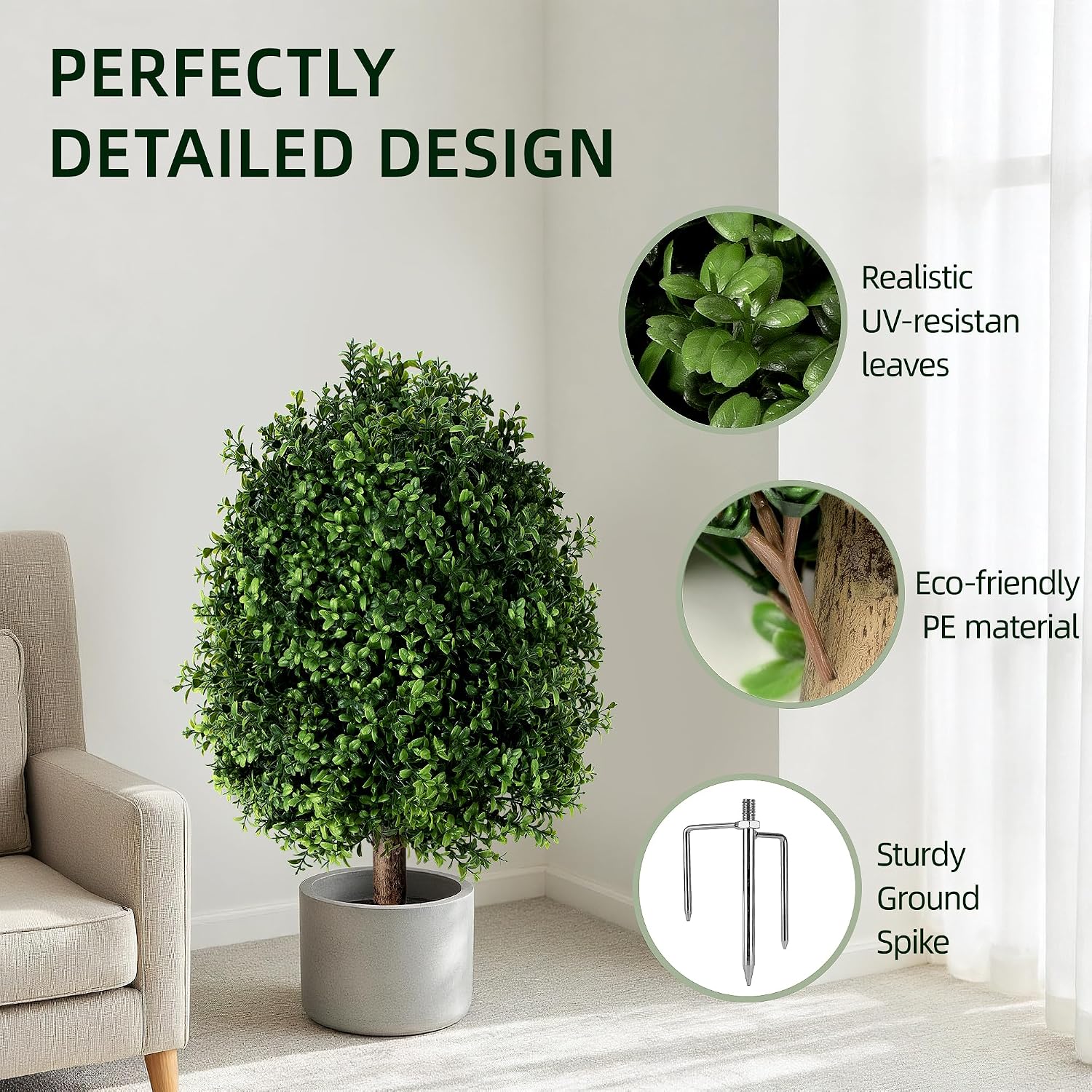 QCQHDU Artificial Boxwood Topiary Shrubs for Outdoor, 27" Fake Bushes Evergreen Ball Trees with Ground Spike,UV