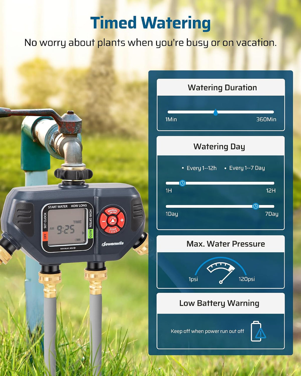 DEWENWILS Sprinkler Timer 4 Zone, with Rain Delay/Manual/AUTO Irrigation | 120Psi Pressure, Independent Control