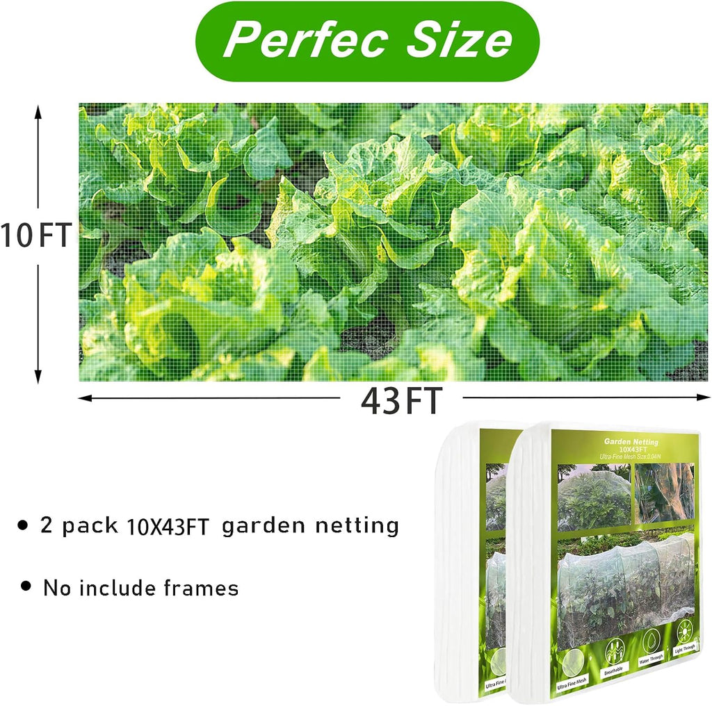 2 Pack 10X43FT Garden Netting for Raised Beds, Ultra Fine Insect Netting for Vegetable Flowers Fruits Greenhouse Crops