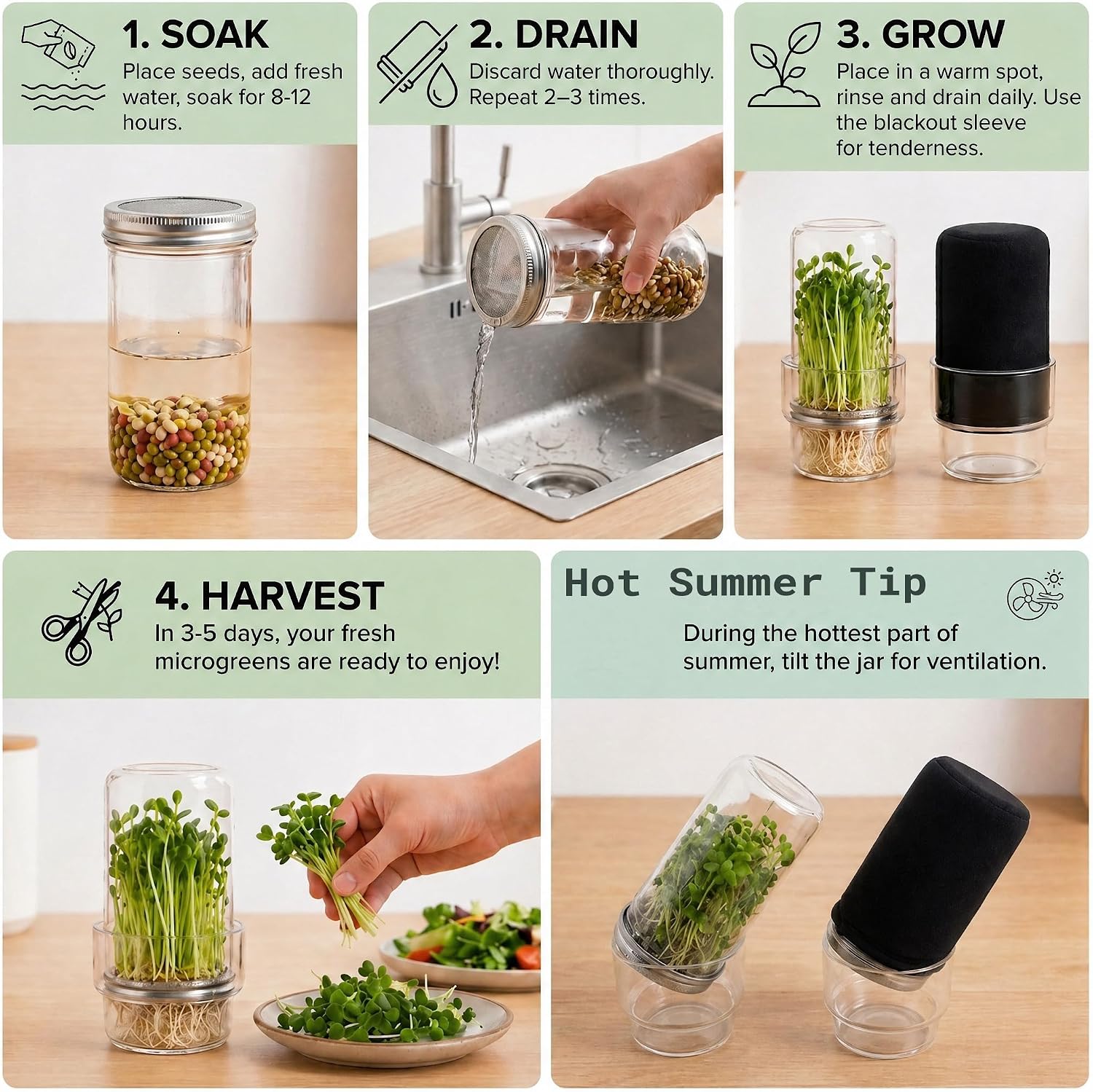 Sprouting Jar Kit – Maeyova 2-Pack Mason Jars with Stainless Steel Mesh Lids, Glass Base, Cover & Brush – Seed Sprouter