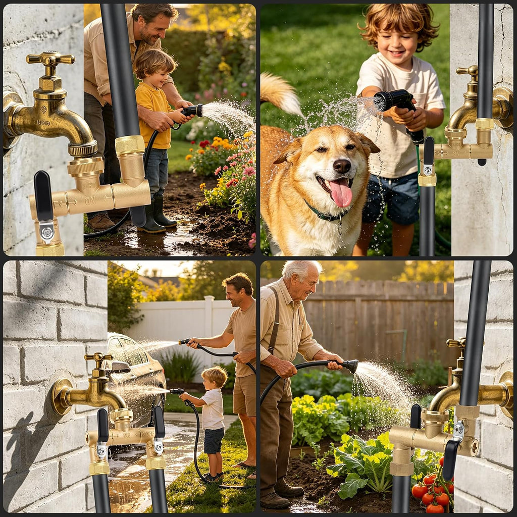 Garden Hose Splitter 2 Way, 360° Rotatable Brass Water Hose Y Splitter. | Outdoor Heavy Duty Spigot, 2 Way Faucet