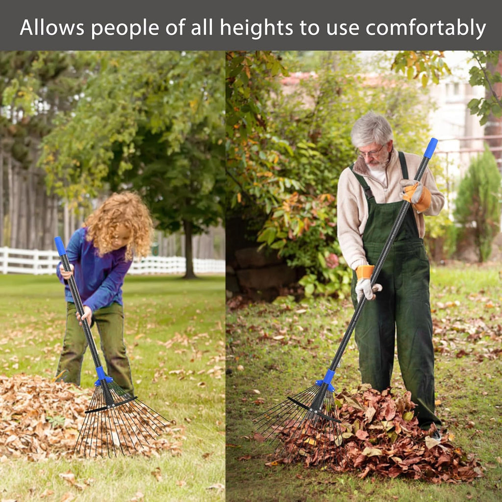Adjustable Metal Leaf Rake Long Handle, Garden Rakes for Lawns Heavy Duty Leaves with Expandable Head 8-17", Yard Women