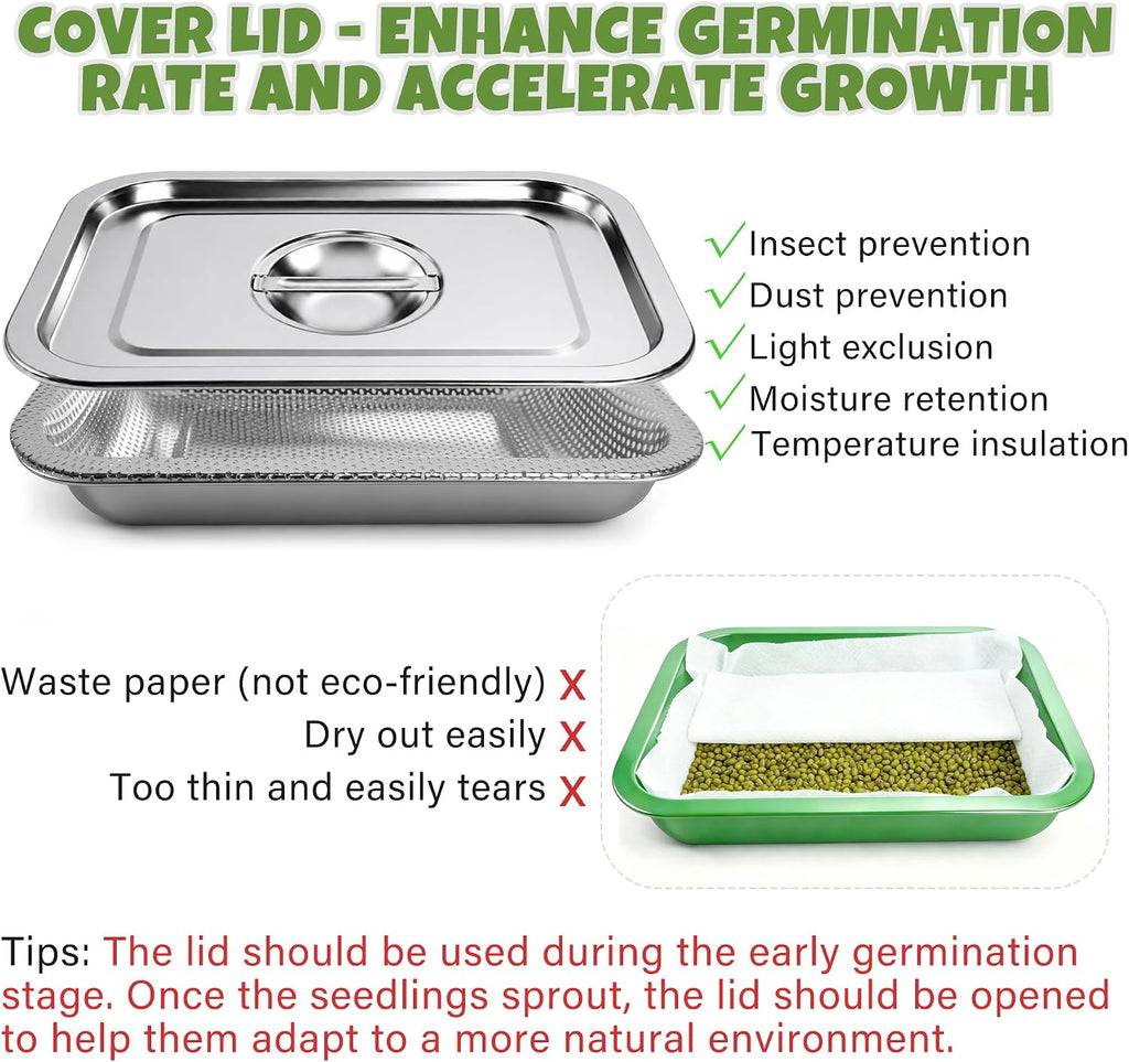 2 Pack Stainless Steel Seed Sprouter Trays, 2-Tier Soil-Free Microgreens Growing Kit, Sprouting Tray with Cover Lids &