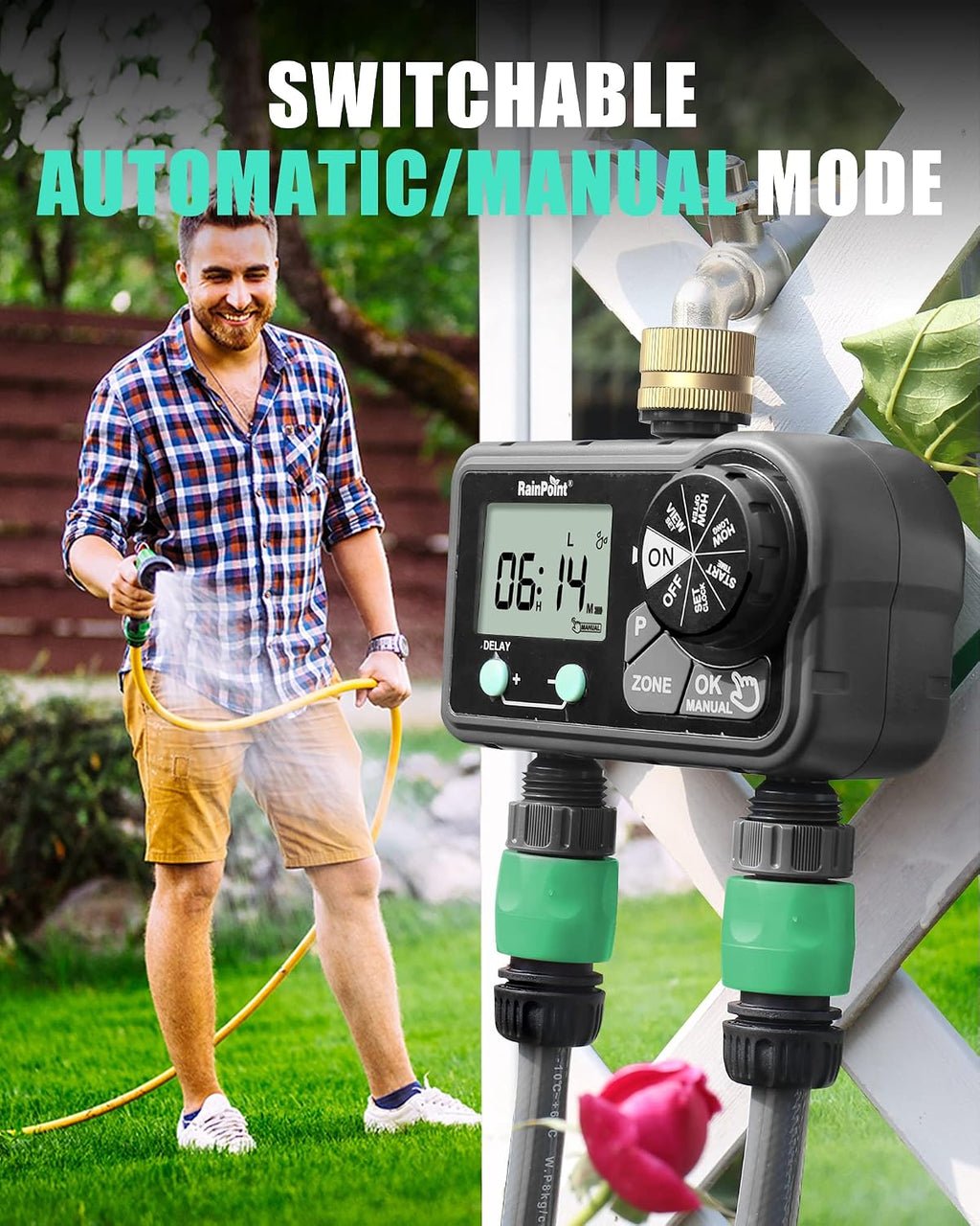 RAINPOINT Brass Sprinkler Timer 2 Stations, Large Digital Water Timer for Garden Hose with 6 Programmable Procedure