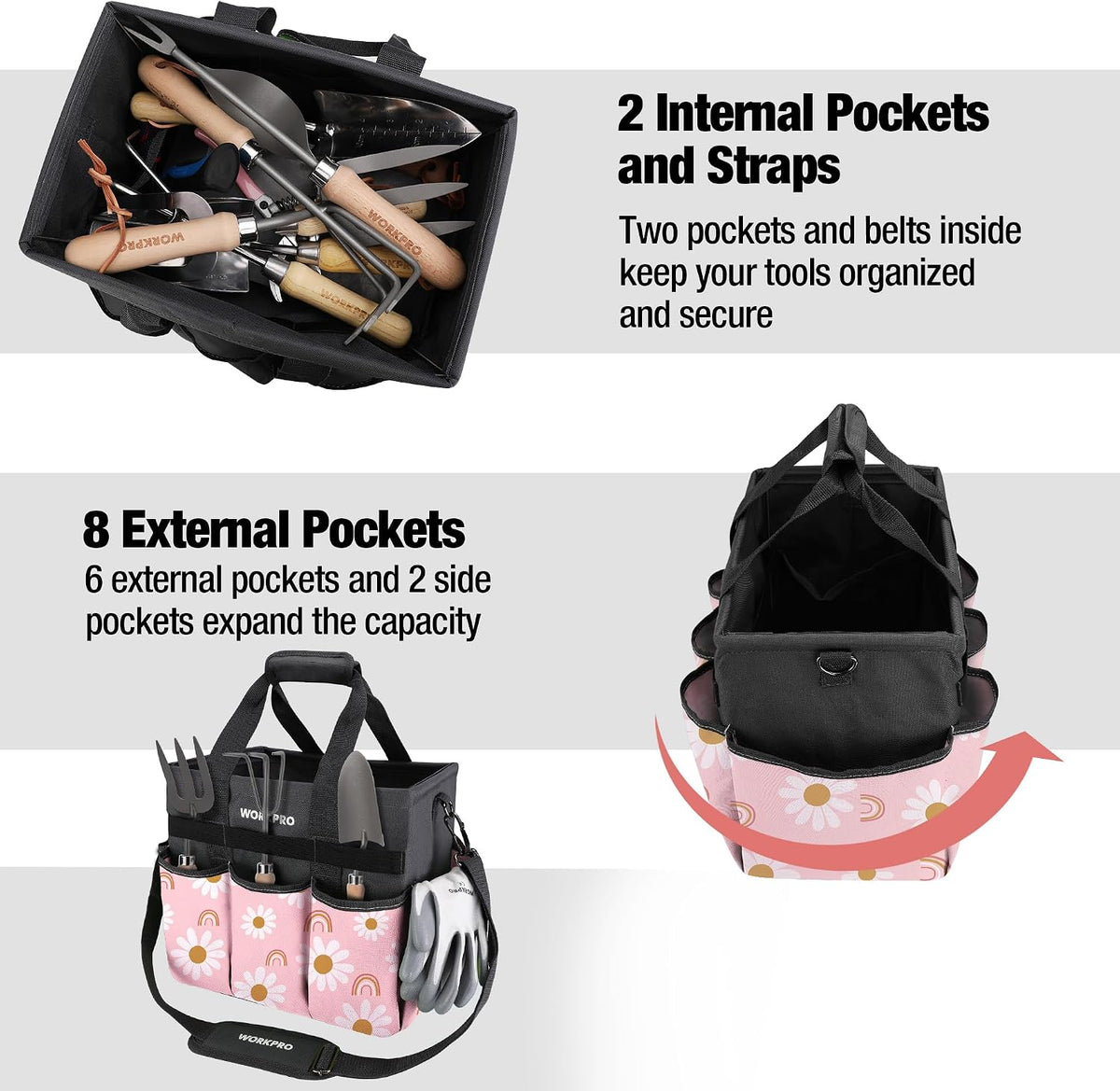 WORKPRO Garden Tool Bag, 10 Pockets and Shoulder Strap, Floral Pink | Heavy Duty Gardening Organizer Tote Bag Standable