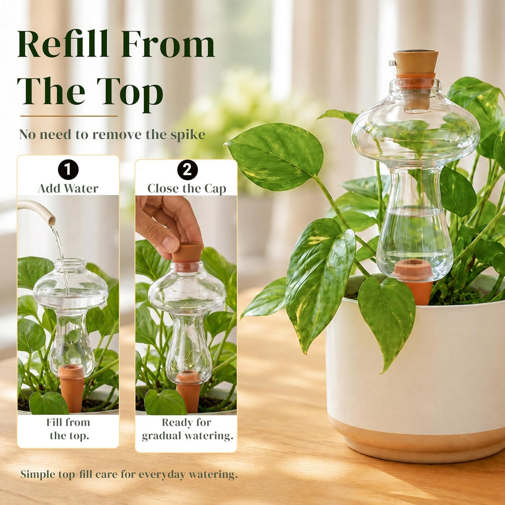 11 oz Plant Self Watering Globes Top Fill, Mushroom Plastic Self Watering Bulbs, LED Night Light Automatic Waterer with
