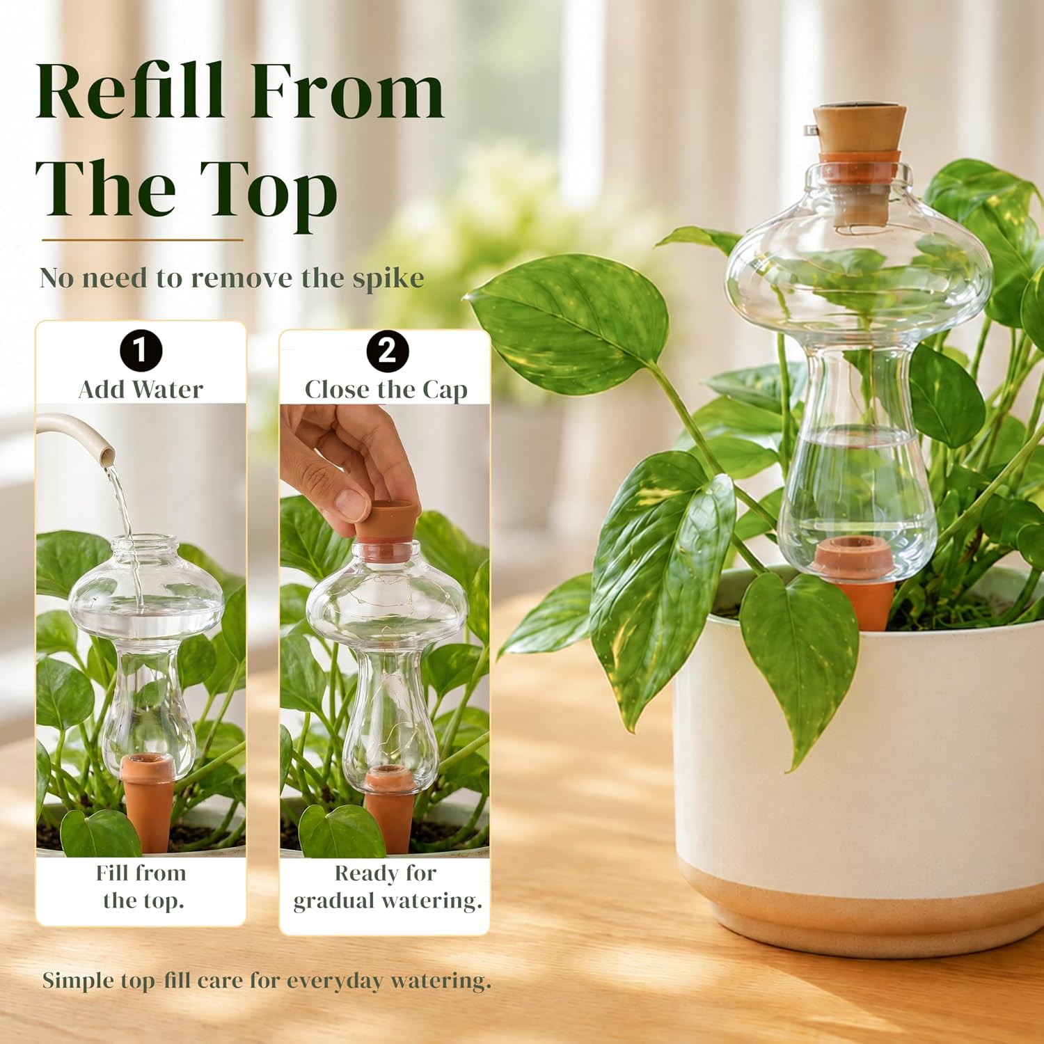11 oz Plant Self Watering Globes Top Fill, Mushroom Plastic Self Watering Bulbs, LED Night Light Automatic Waterer with