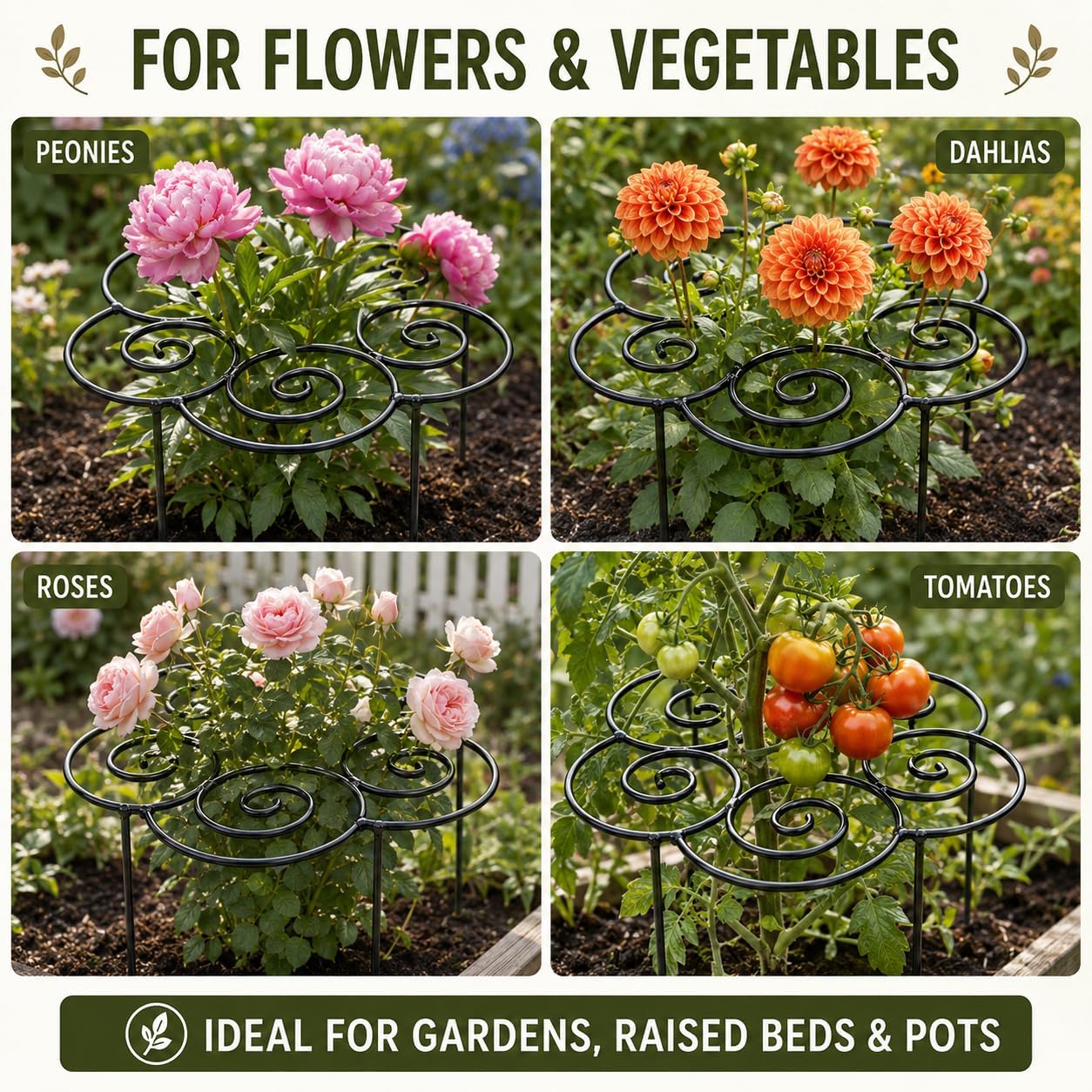Metal Peony Support Ring for Outdoor Plants, Garden Plant Support Stakes for Flowers & Vegetables, Stackable Peony Cage