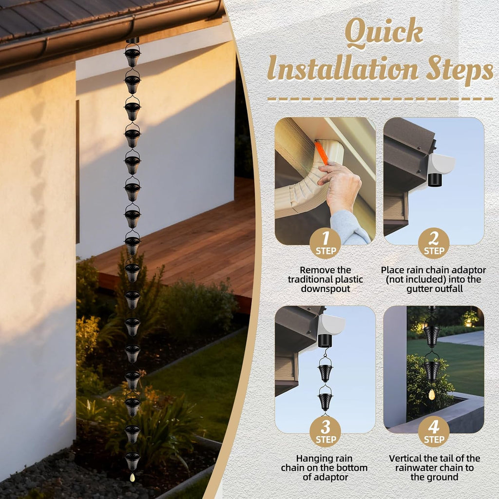 8.5 FT Black Rain Chain with 16 Cups for Gutters Downspouts Outside | Large Opening to Avoid Splashing, Instruction for