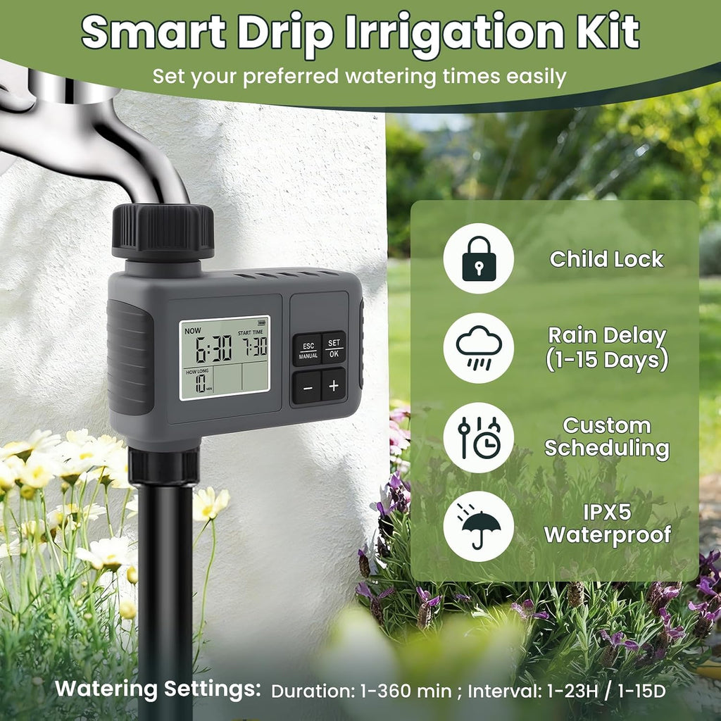 100FT Automatic Drip Irrigation Kits with Water Timer - Garden Watering System with 360° Bendable Spray Adjustable