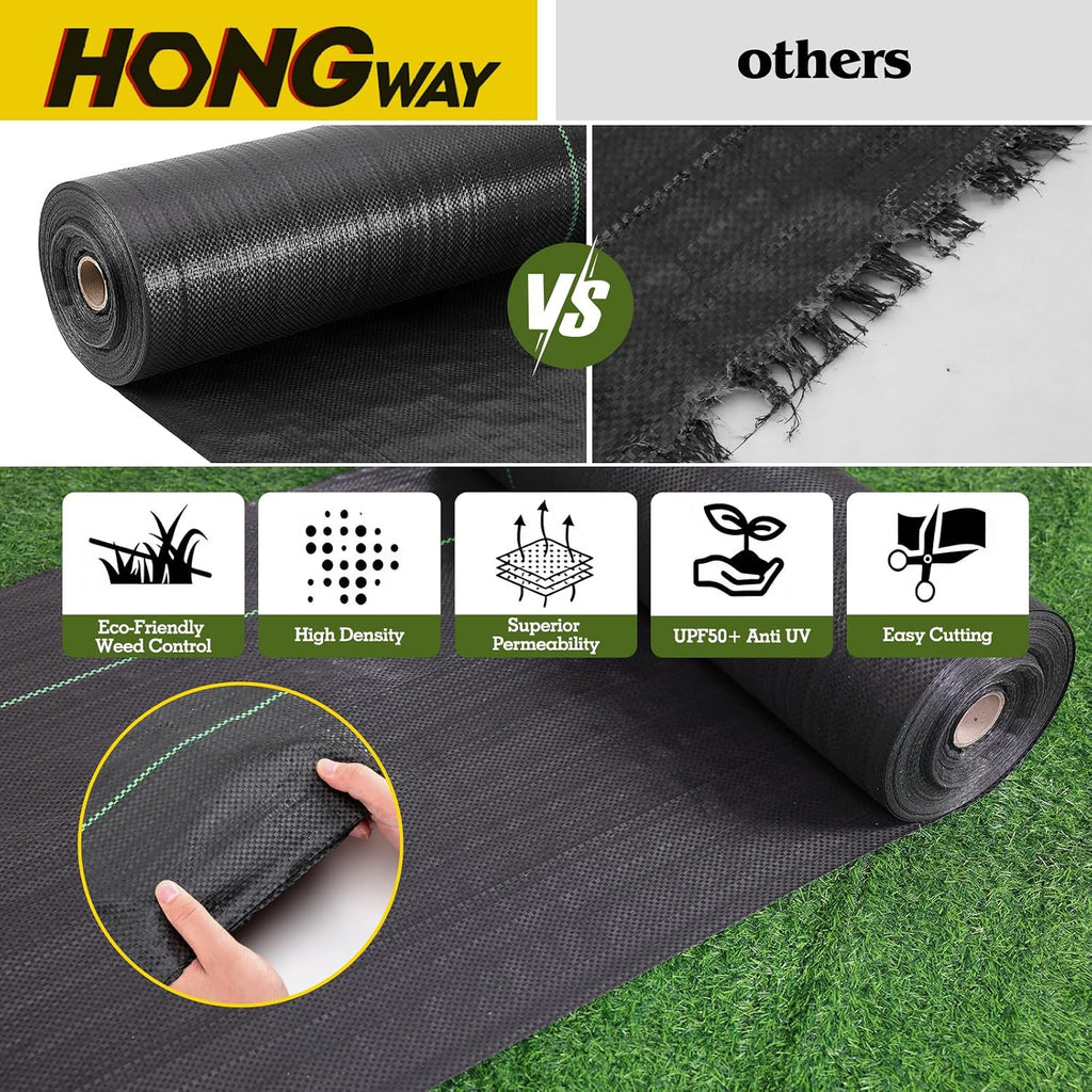 HongWay 4FT x 300FT Weed Barrier Fabric, Heavy Duty Landscape Fabric | Weed Control Garden Cloth with 120 Staples