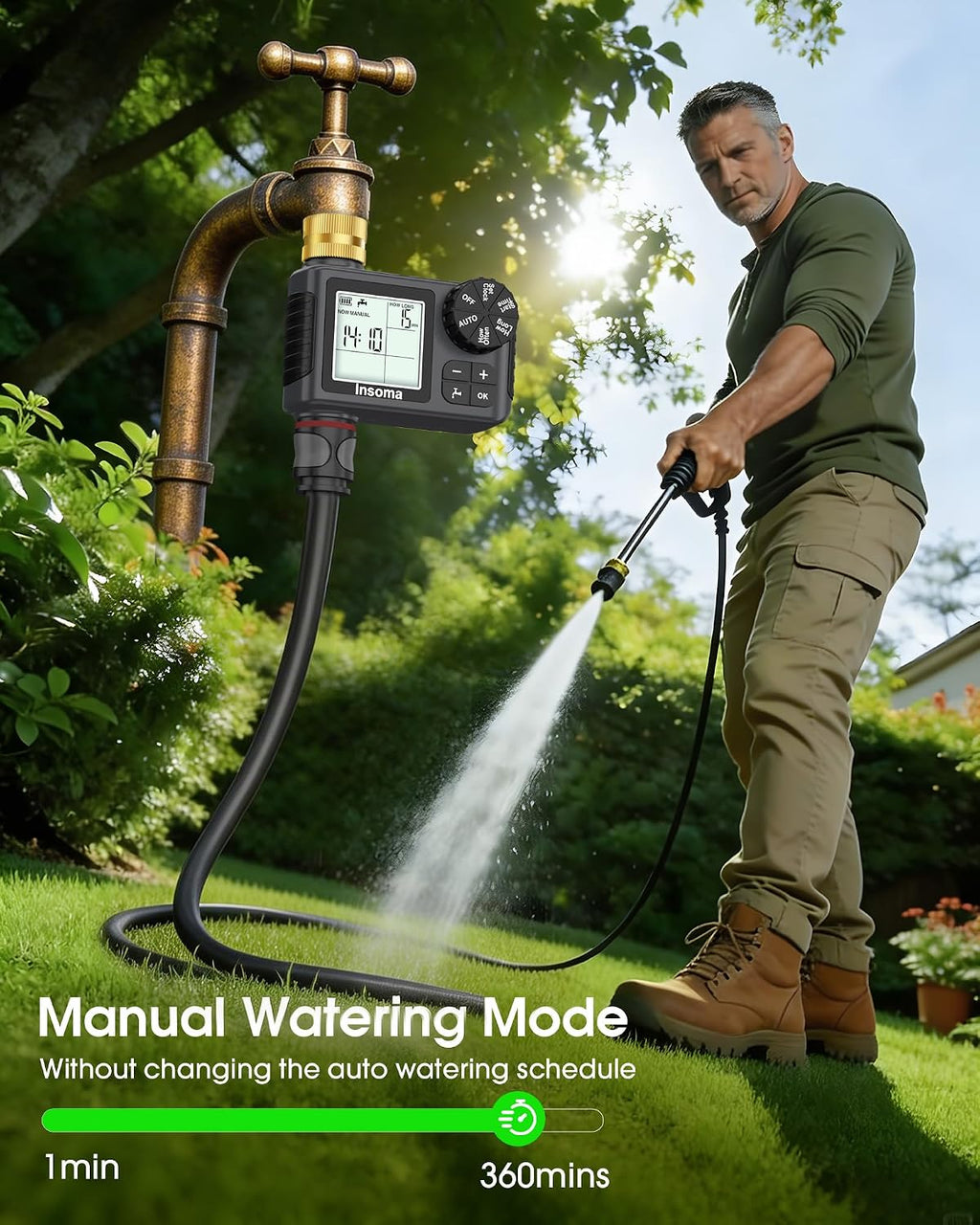 Water Timer for Garden Hose with Brass Inlet, 1 Outlet Sprinkler Timer with Auto/Manual/Rain Delay Mode, Large LCD
