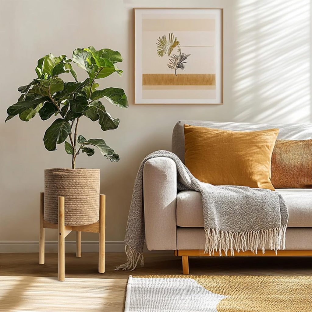Plant Basket with Stand, Indoor Round Wicker Basket Plant with Bamboo Wood Stand, Decorative Woven Rope Flower Indoor