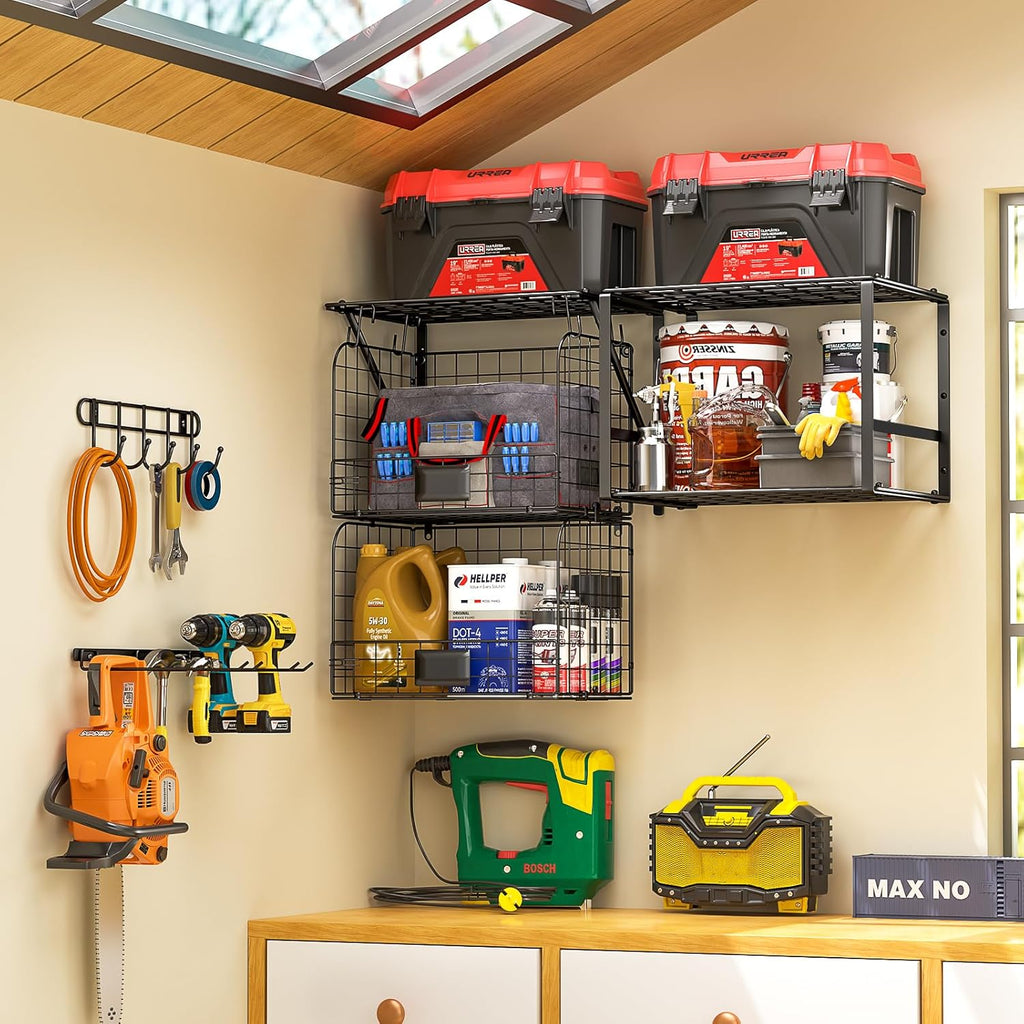 ThreeHio Garage Shelf Wall Mounted with Wire Baskets, Heavy Duty Garage Wall Shelving with Garden Tool Rack and Hooks