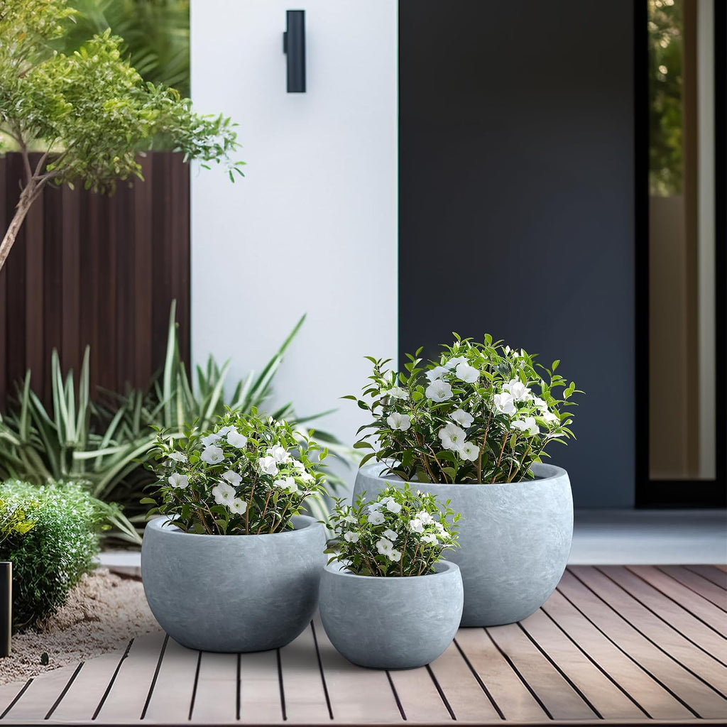Kante Set of 3 Blue Gray Concrete Bowl Planters 20" 15.7" 11.8" Dia | Drainage for Outdoor, Rubber Plug for Indoor