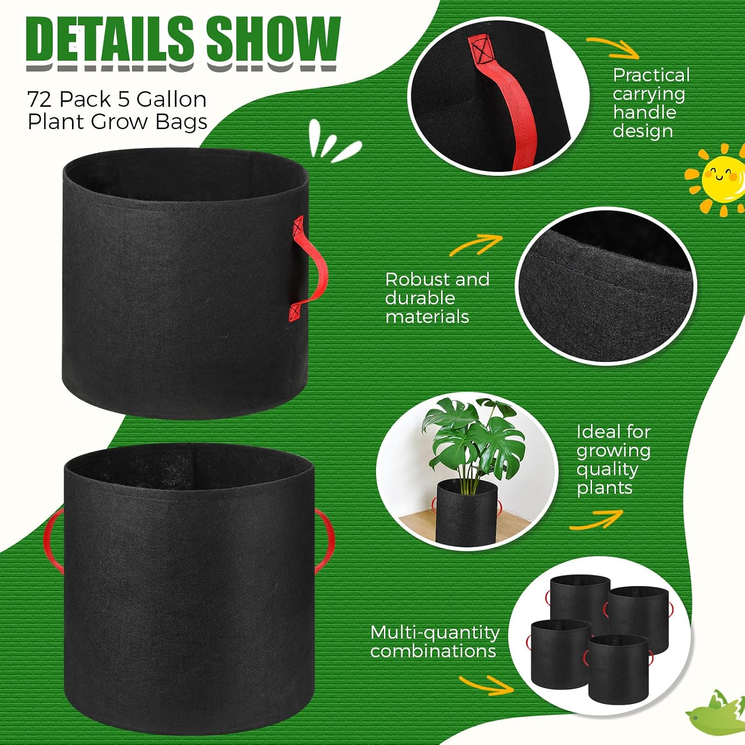 72 Pack 5 Gallon Plant Grow Bags Fabric Pots Bulk Aeration Heavy Duty Nonwoven Fabric Plant Pots with Handles Thick