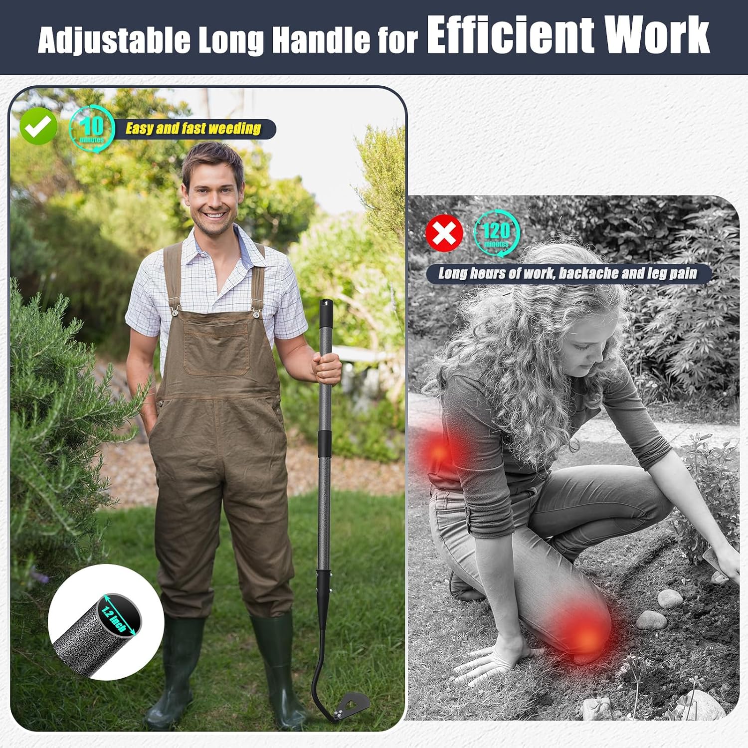 Hoe Garden Tool, Hollow Hoe with 55 Inch Long Handle, Adjustable Manual Weeder Heavy Duty Garden Hoe for Weeding