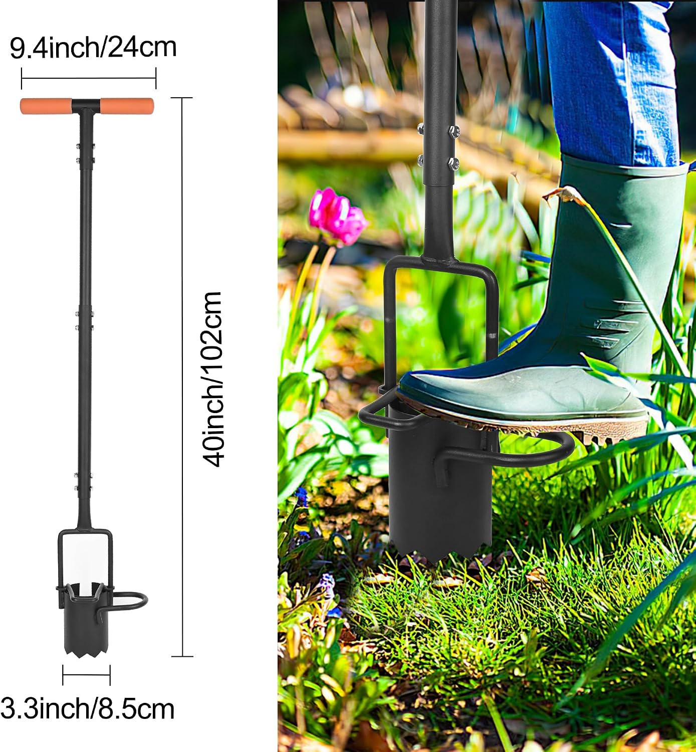 BARAYSTUS Bulb Planter Tool Long Handle, Tulip Bulb Planter Tool with Serrated Base & Double Pedal, Soft T Grip Sod