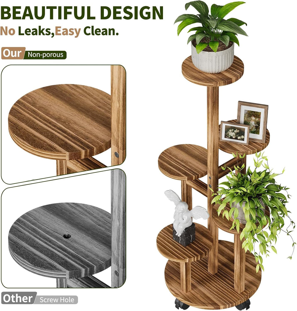 5 Tier Plant Stand - Wood Corner Plant Stand Indoor with 4 Wheels, Tall Plant Shelf for Multiple Pot Flower Stands
